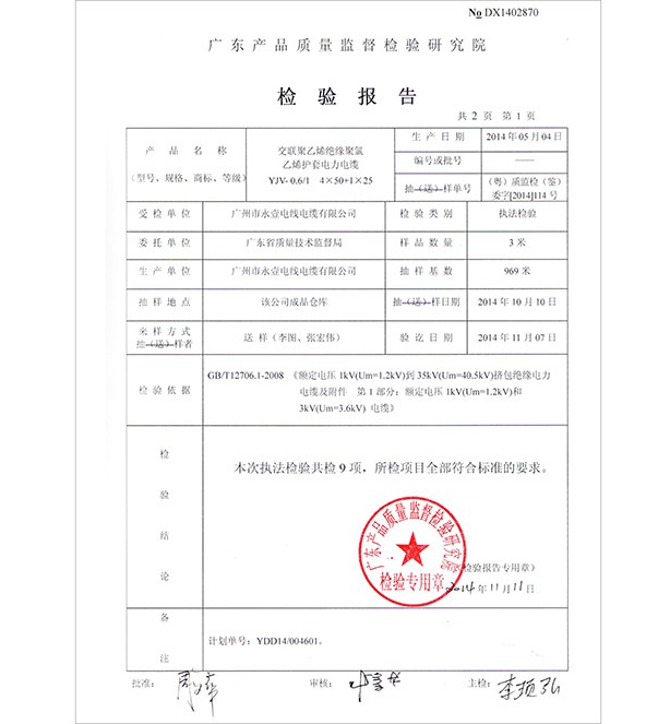 檢驗報告YJV-0.6/1 4X50+1X25